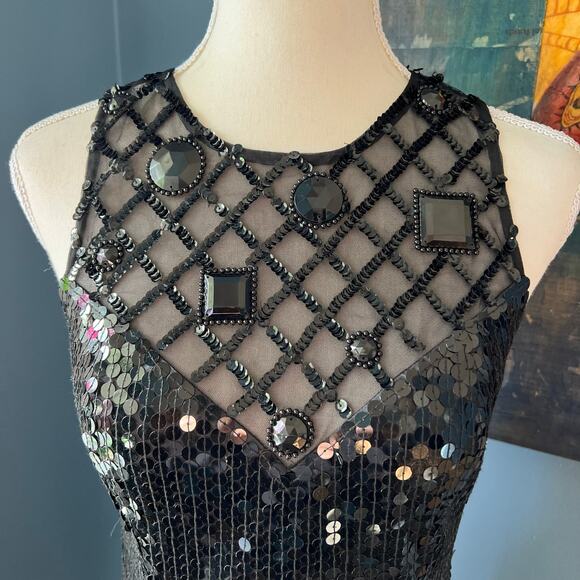 Niteline Della Roufogali Black Sequin Mesh‎ Dress Women's Size 6 80s Vintage - Picture 5 of 11
